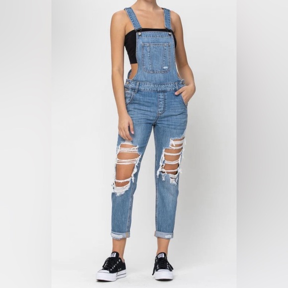 Cello NWT High Rise Distressed Boyfriend Fit Denim Bib Jean Overalls Size XS - Picture 1 of 9